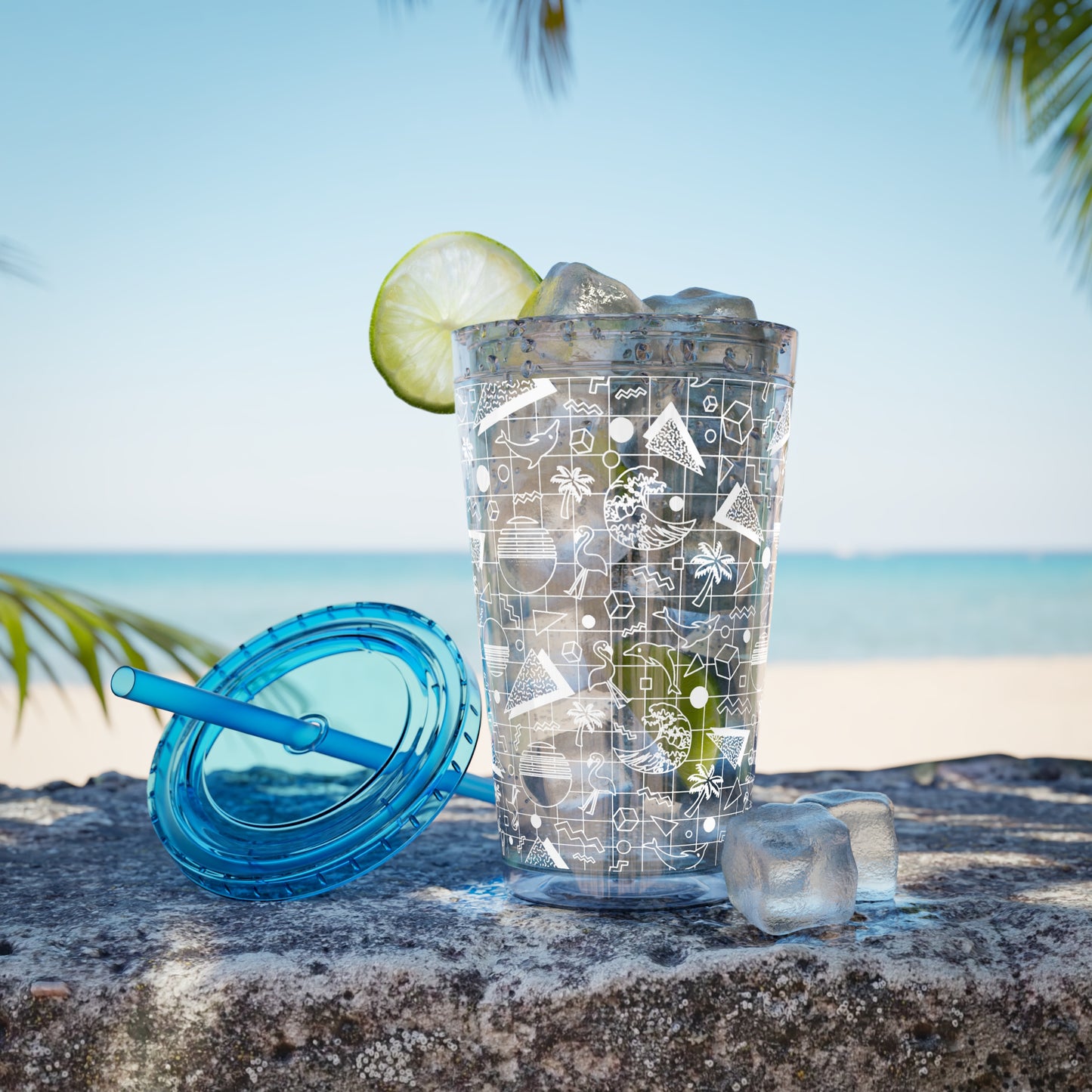 Vaporwave Beach Soirée — Sunsplash Tumbler with Straw, 16oz