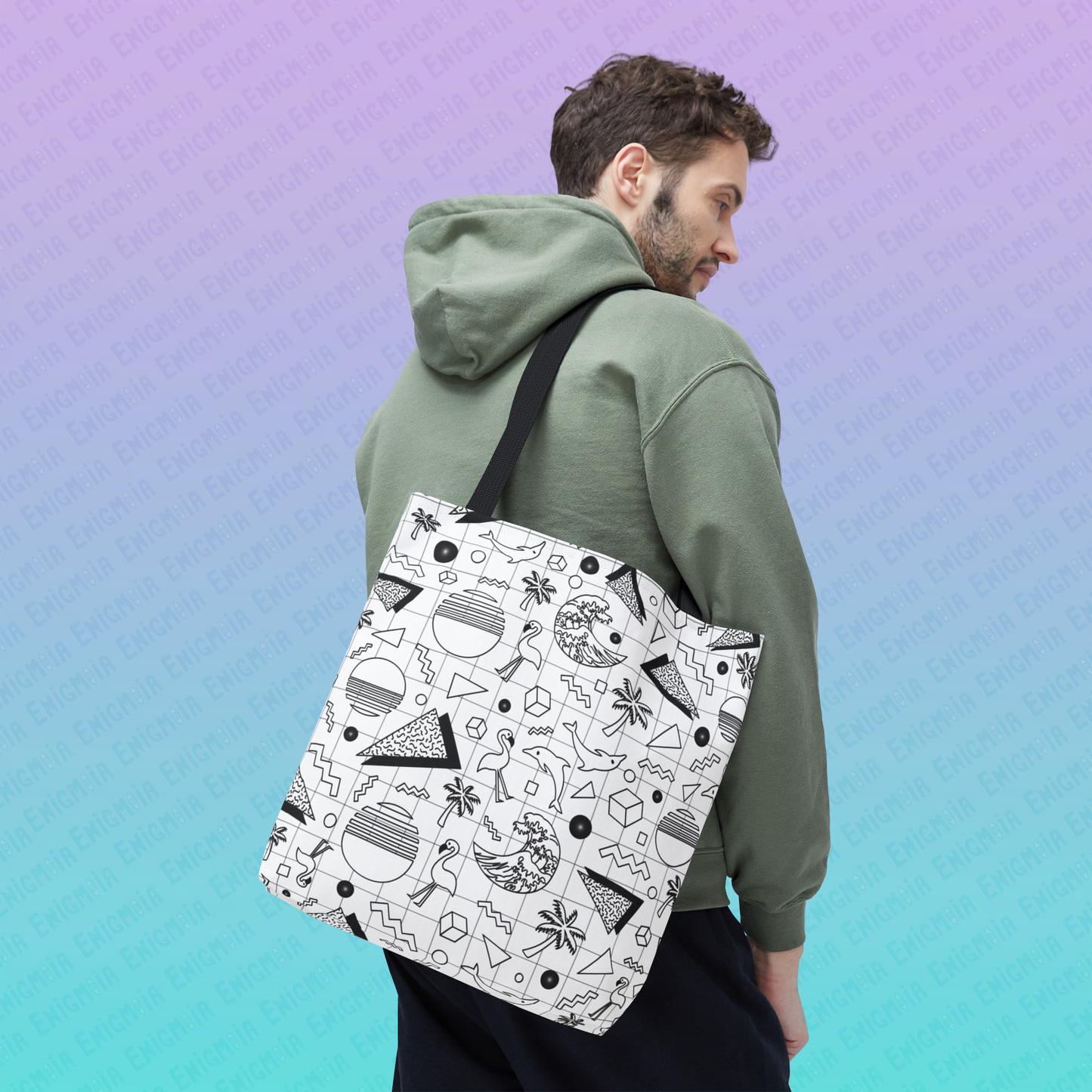 Vaporwave Beach Soirée — White - Retro Geometric 80s Memphis Pattern Tote Bag