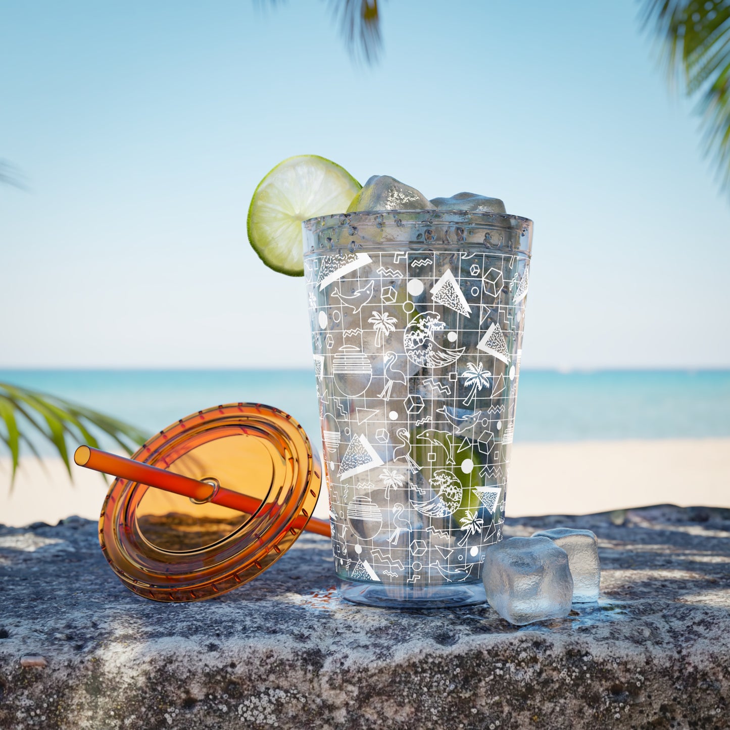 Vaporwave Beach Soirée — Sunsplash Tumbler with Straw, 16oz