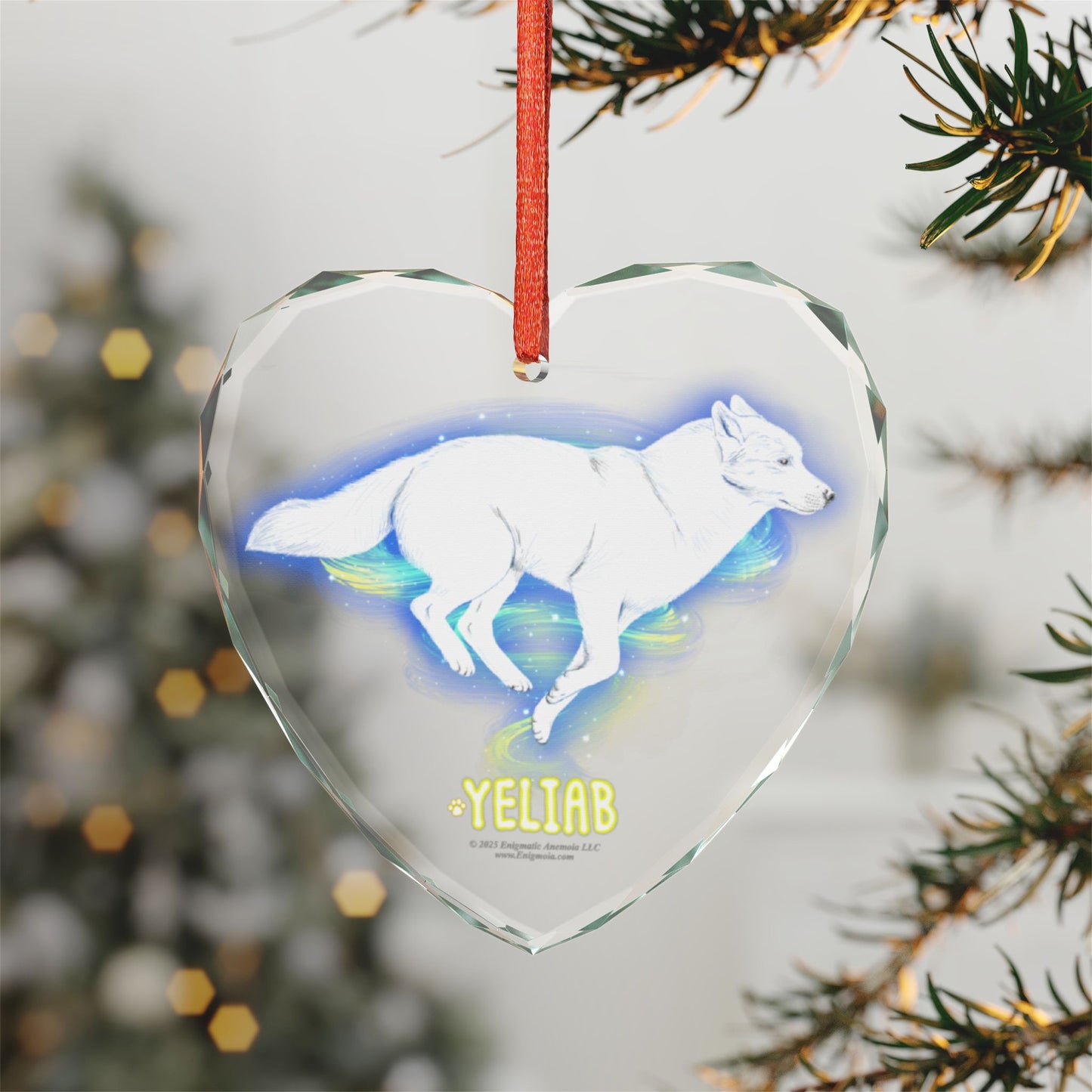 Yeliab — Heart-Shaped Crystal Glass Ornament Bauble with Running Husky Spirit Design
