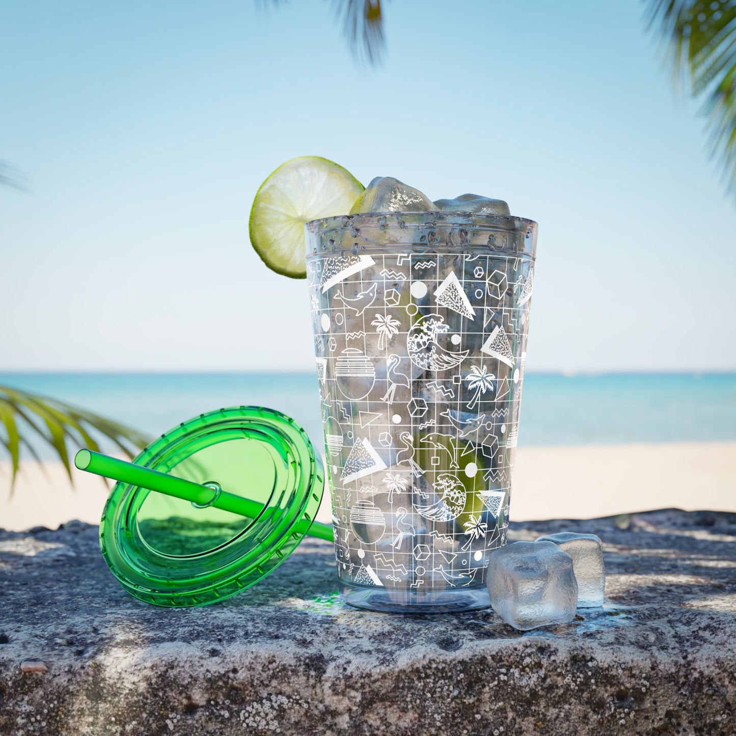 Vaporwave Beach Soirée — Sunsplash Tumbler with Straw, 16oz