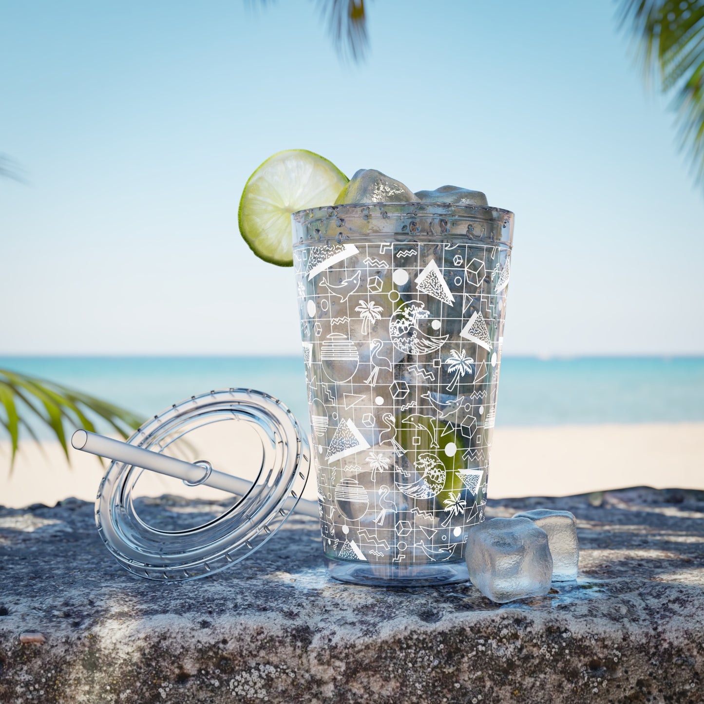 Vaporwave Beach Soirée — Sunsplash Tumbler with Straw, 16oz