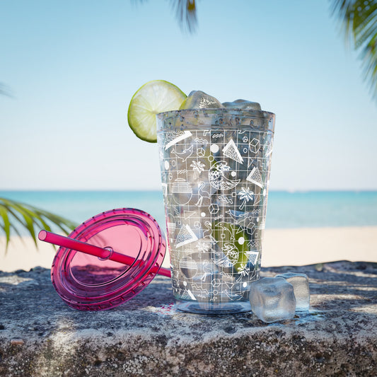 Vaporwave Beach Soirée — Sunsplash Tumbler with Straw, 16oz