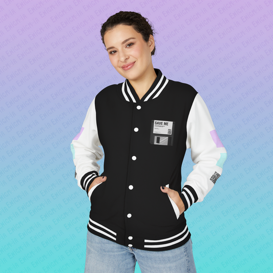 CTRL+S — "SAVE ME" Retro Floppy Disk Inspired Unisex Heavyweight Letterman Jacket with Geometric Grids