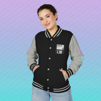 CTRL+S — "SAVE ME" Retro Floppy Disk Inspired Unisex Heavyweight Letterman Jacket with Geometric Grids