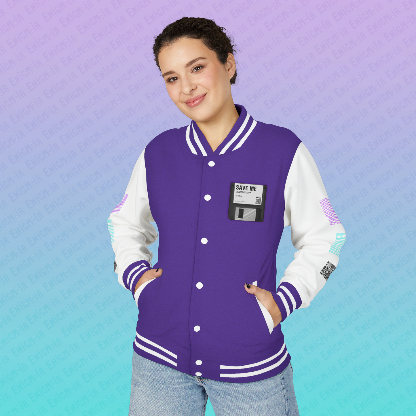 CTRL+S — "SAVE ME" Retro Floppy Disk Inspired Unisex Heavyweight Letterman Jacket with Geometric Grids
