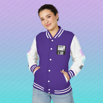 CTRL+S — "SAVE ME" Retro Floppy Disk Inspired Unisex Heavyweight Letterman Jacket with Geometric Grids