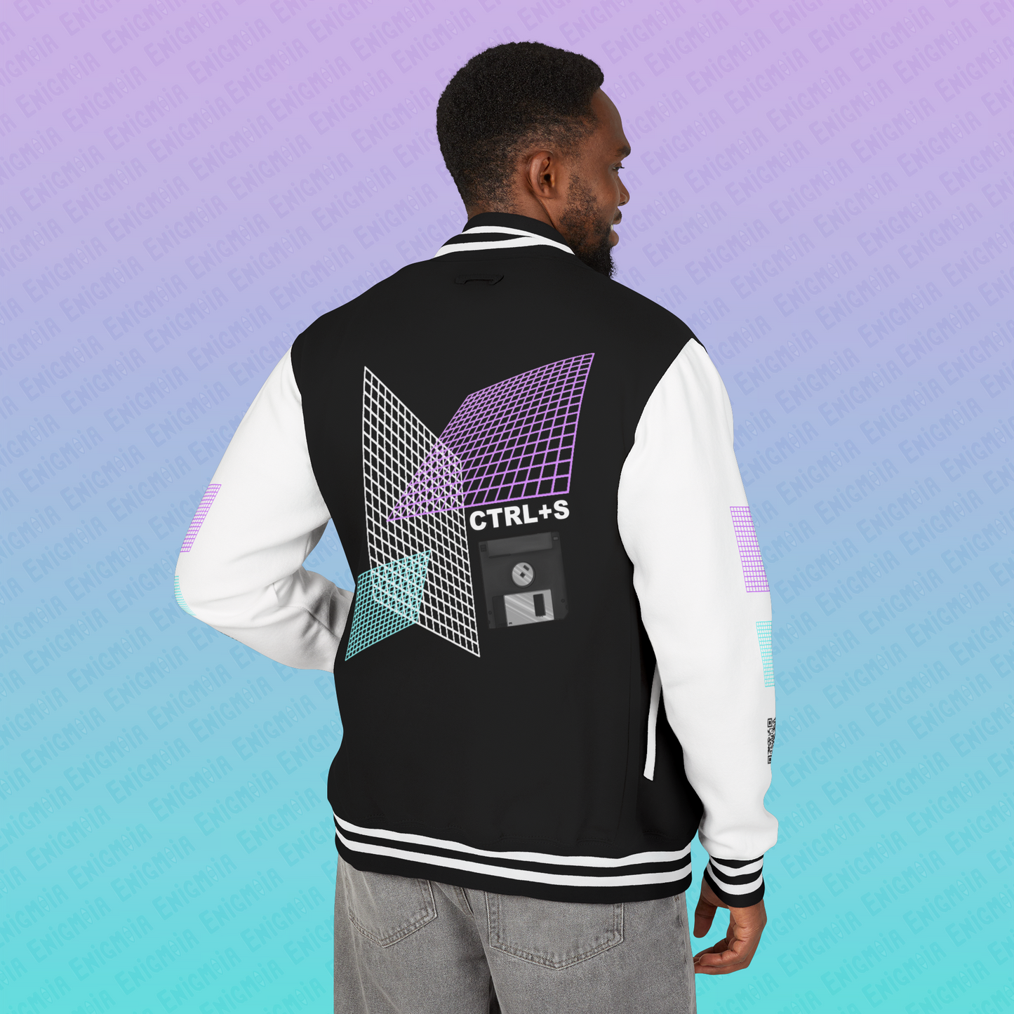 CTRL+S — "SAVE ME" Retro Floppy Disk Inspired Unisex Heavyweight Letterman Jacket with Geometric Grids