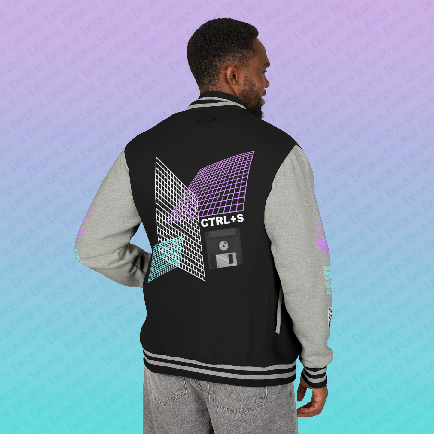 CTRL+S — "SAVE ME" Retro Floppy Disk Inspired Unisex Heavyweight Letterman Jacket with Geometric Grids