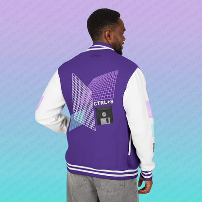 CTRL+S — "SAVE ME" Retro Floppy Disk Inspired Unisex Heavyweight Letterman Jacket with Geometric Grids