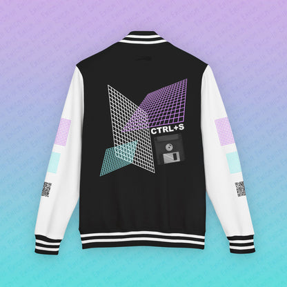 CTRL+S — "SAVE ME" Retro Floppy Disk Inspired Unisex Heavyweight Letterman Jacket with Geometric Grids