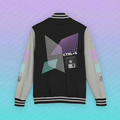 CTRL+S — "SAVE ME" Retro Floppy Disk Inspired Unisex Heavyweight Letterman Jacket with Geometric Grids