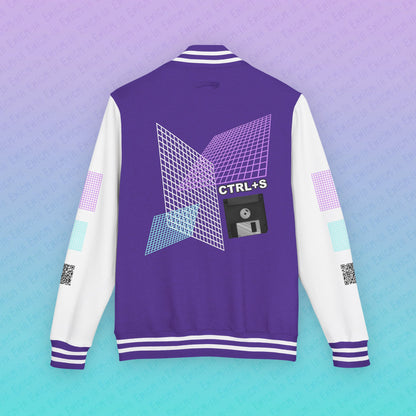 CTRL+S — "SAVE ME" Retro Floppy Disk Inspired Unisex Heavyweight Letterman Jacket with Geometric Grids