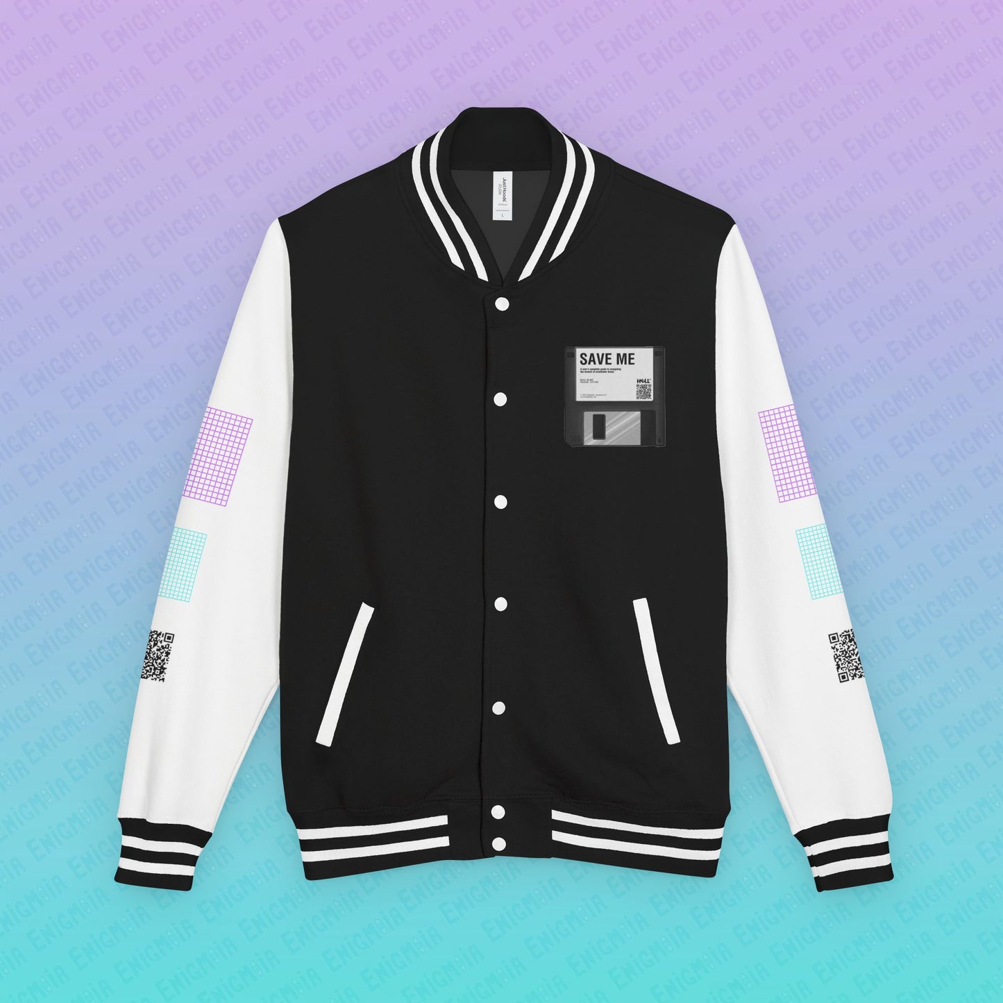 CTRL+S — "SAVE ME" Retro Floppy Disk Inspired Unisex Heavyweight Letterman Jacket with Geometric Grids