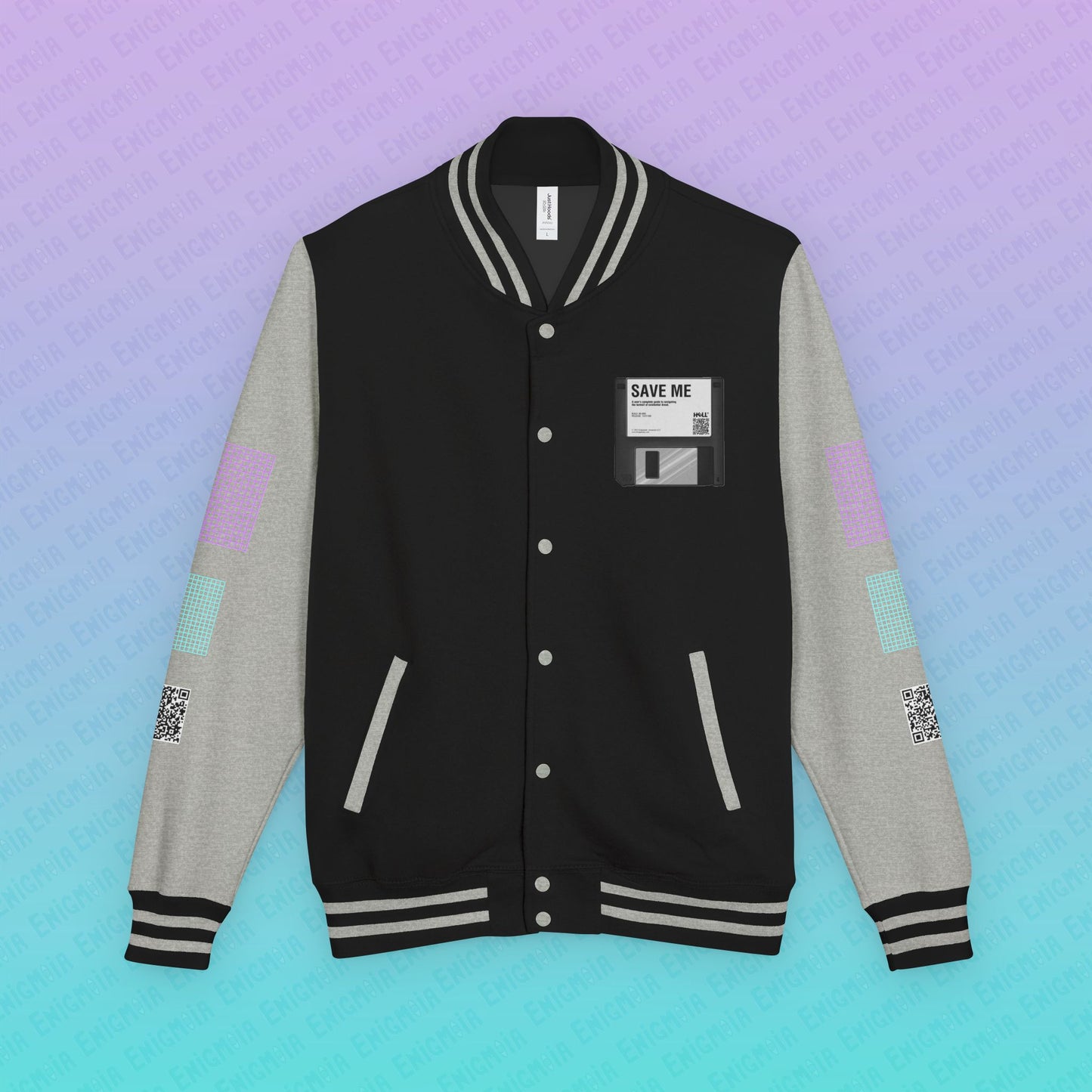 CTRL+S — "SAVE ME" Retro Floppy Disk Inspired Unisex Heavyweight Letterman Jacket with Geometric Grids
