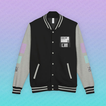 CTRL+S — "SAVE ME" Retro Floppy Disk Inspired Unisex Heavyweight Letterman Jacket with Geometric Grids