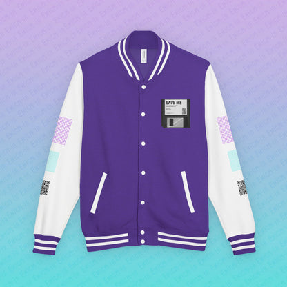 CTRL+S — "SAVE ME" Retro Floppy Disk Inspired Unisex Heavyweight Letterman Jacket with Geometric Grids