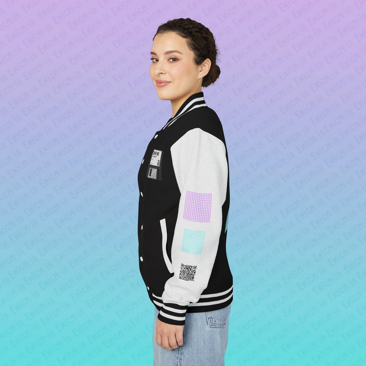 CTRL+S — "SAVE ME" Retro Floppy Disk Inspired Unisex Heavyweight Letterman Jacket with Geometric Grids