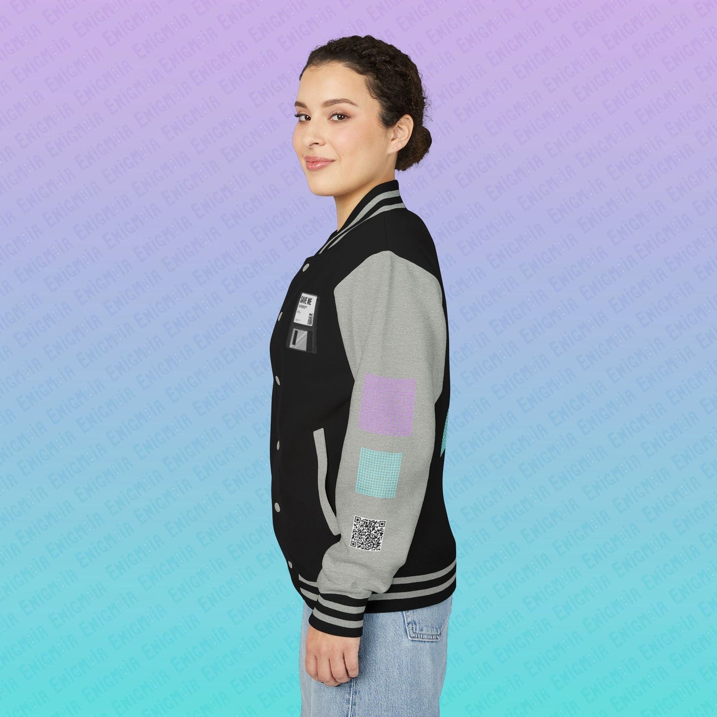 CTRL+S — "SAVE ME" Retro Floppy Disk Inspired Unisex Heavyweight Letterman Jacket with Geometric Grids