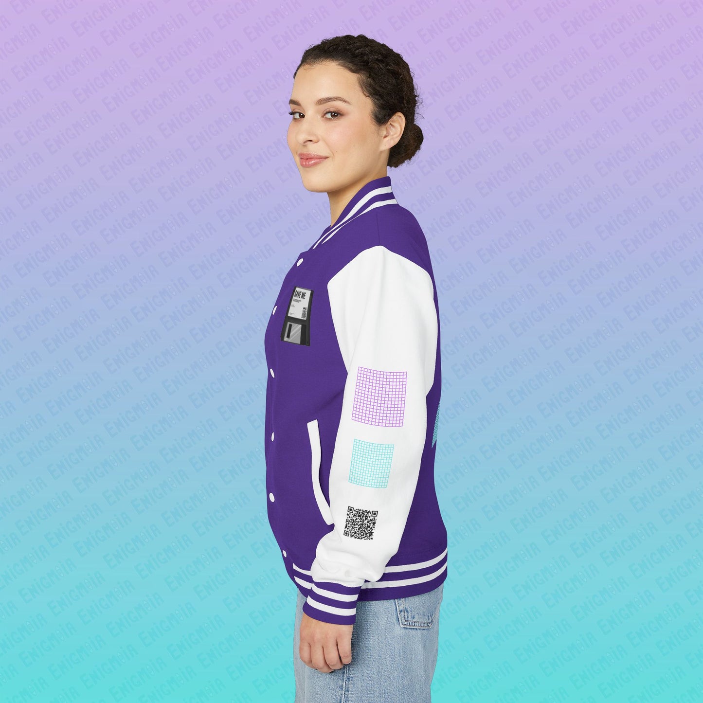 CTRL+S — "SAVE ME" Retro Floppy Disk Inspired Unisex Heavyweight Letterman Jacket with Geometric Grids
