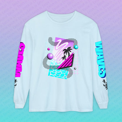 Gummi — Waves - Retro Aesthetic Geometric Memphis Style Pastel Vaporwave Deluxe Unisex Long Sleeve T-Shirt