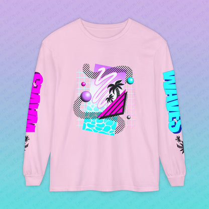 Gummi — Waves - Retro Aesthetic Geometric Memphis Style Pastel Vaporwave Deluxe Unisex Long Sleeve T-Shirt