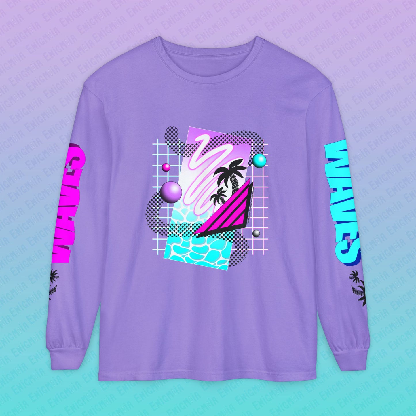 Gummi — Waves - Retro Aesthetic Geometric Memphis Style Pastel Vaporwave Deluxe Unisex Long Sleeve T-Shirt