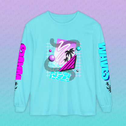 Gummi — Waves - Retro Aesthetic Geometric Memphis Style Pastel Vaporwave Deluxe Unisex Long Sleeve T-Shirt