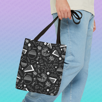 Vaporwave Beach Soirée — Black - Retro Geometric 80s Memphis Pattern Tote Bag