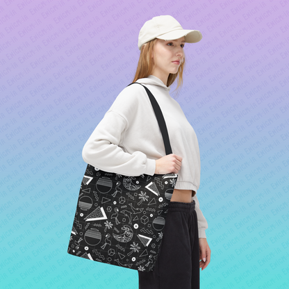 Vaporwave Beach Soirée — Black - Retro Geometric 80s Memphis Pattern Tote Bag