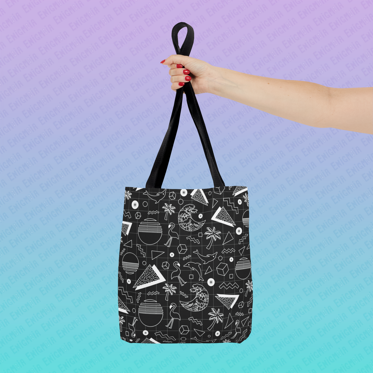 Vaporwave Beach Soirée — Black - Retro Geometric 80s Memphis Pattern Tote Bag