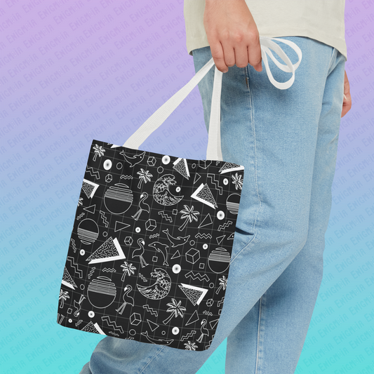 Vaporwave Beach Soirée — Black - Retro Geometric 80s Memphis Pattern Tote Bag