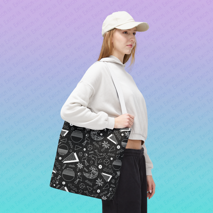 Vaporwave Beach Soirée — Black - Retro Geometric 80s Memphis Pattern Tote Bag