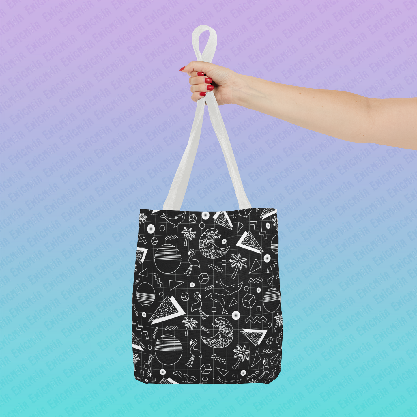 Vaporwave Beach Soirée — Black - Retro Geometric 80s Memphis Pattern Tote Bag