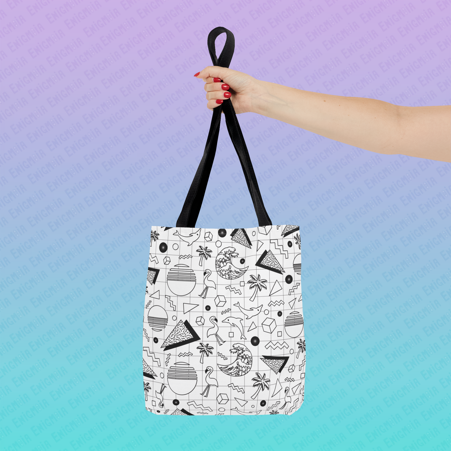 Vaporwave Beach Soirée — White - Retro Geometric 80s Memphis Pattern Tote Bag