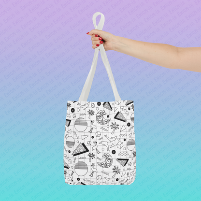 Vaporwave Beach Soirée — White - Retro Geometric 80s Memphis Pattern Tote Bag
