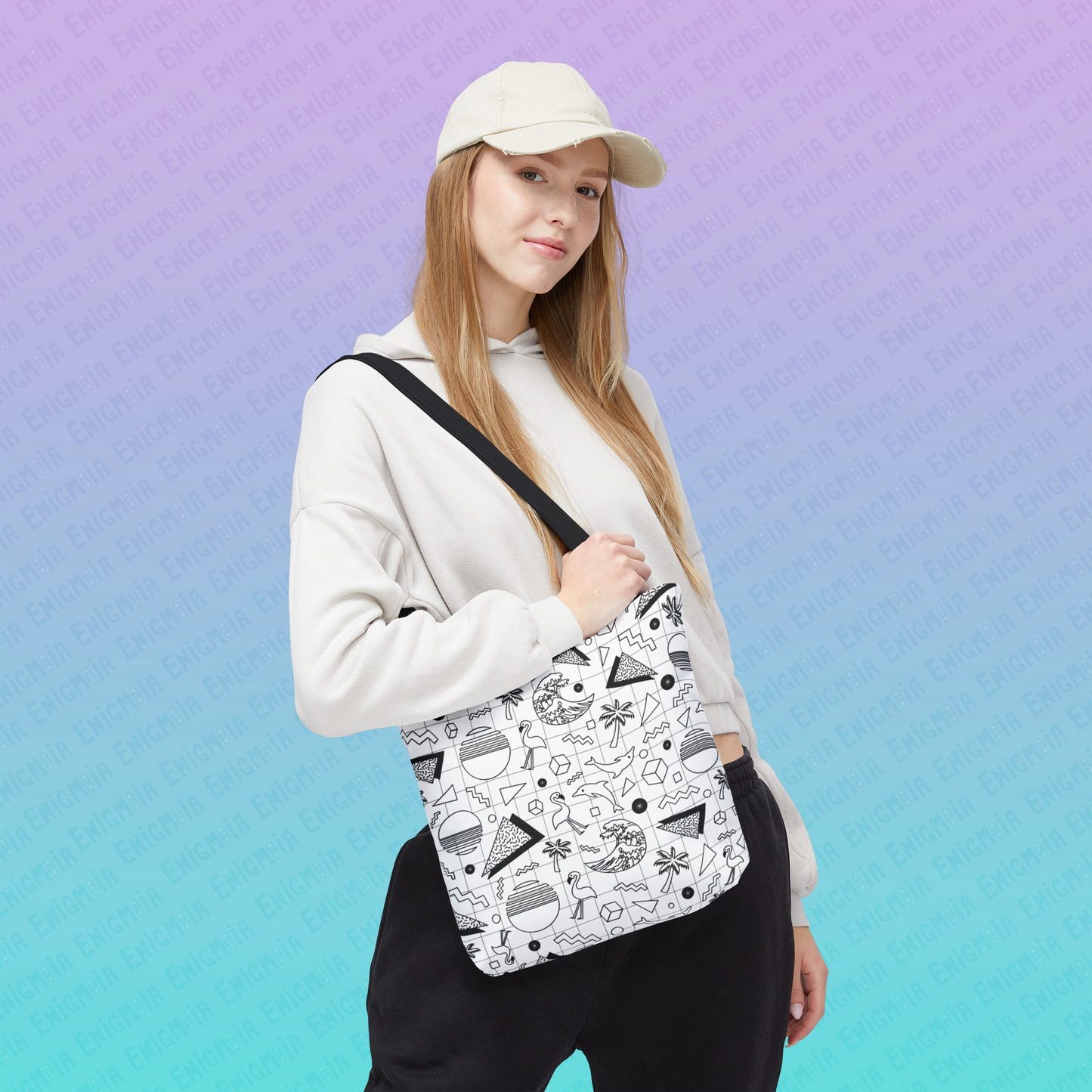 Vaporwave Beach Soirée — White - Retro Geometric 80s Memphis Pattern Tote Bag