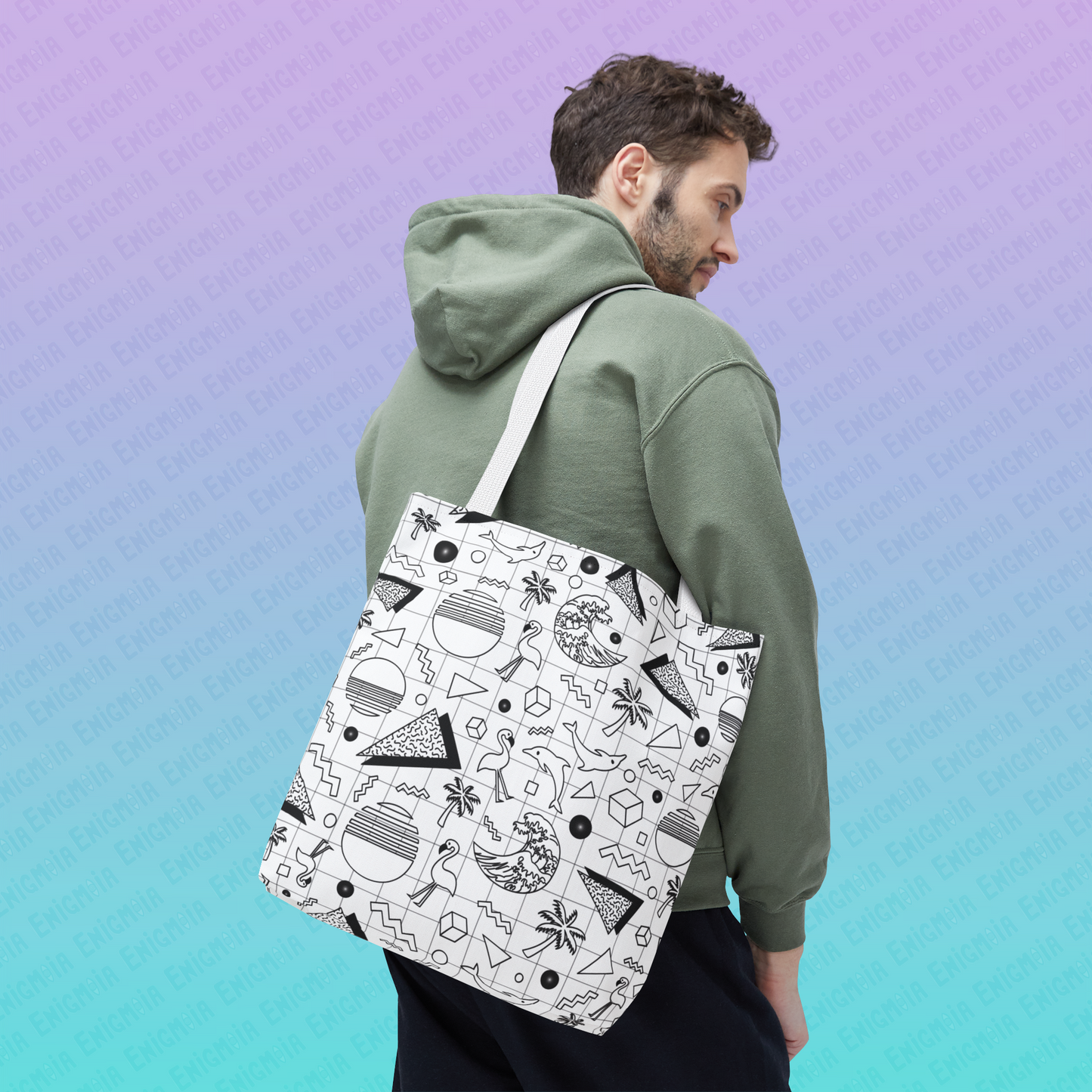 Vaporwave Beach Soirée — White - Retro Geometric 80s Memphis Pattern Tote Bag